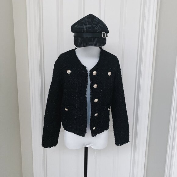 Women Black Tweed Buttons Front Top Jacket - Picture 2 of 7